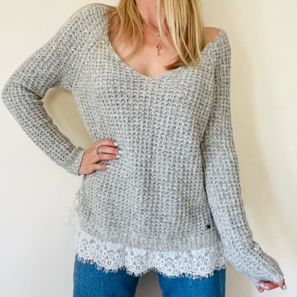 Hollister Light Gray Knit Scoop Neck Sweater with Lace Trim